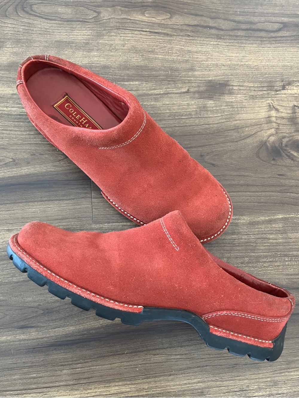 Vintage Cole Haan Country Red Suede Slip-On Loafers with Black Rubber Lug Sole